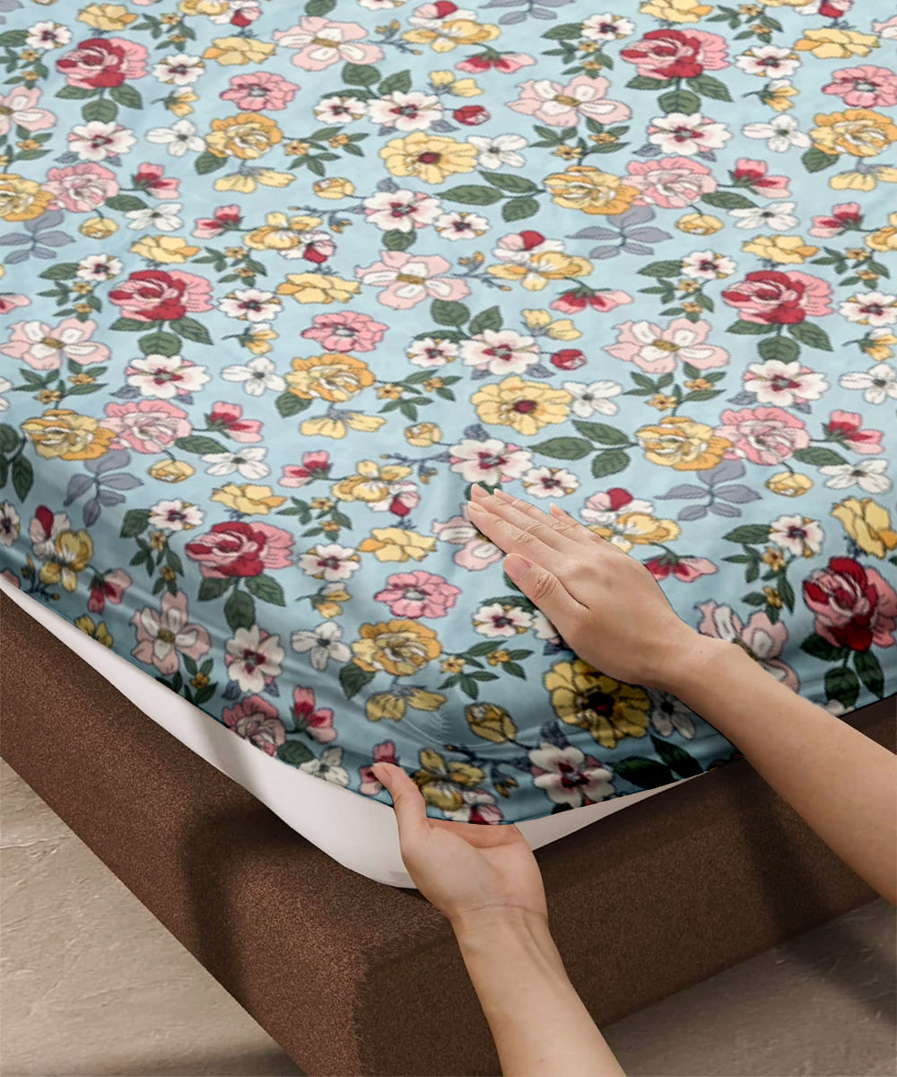 Serene Spring Queen Fitted Bedsheet With 2 Pillow Covers