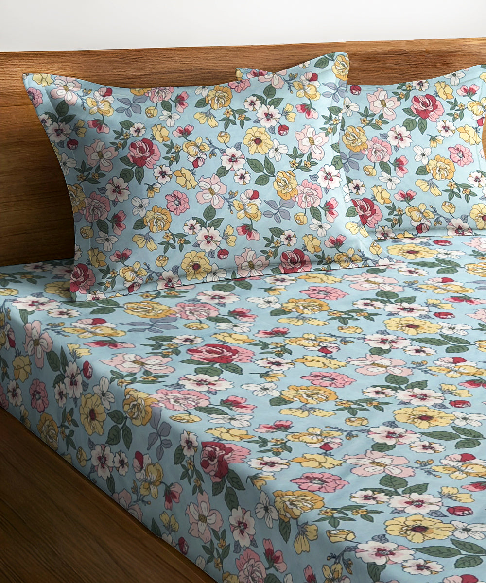 Serene Spring Queen Fitted Bedsheet With 2 Pillow Covers