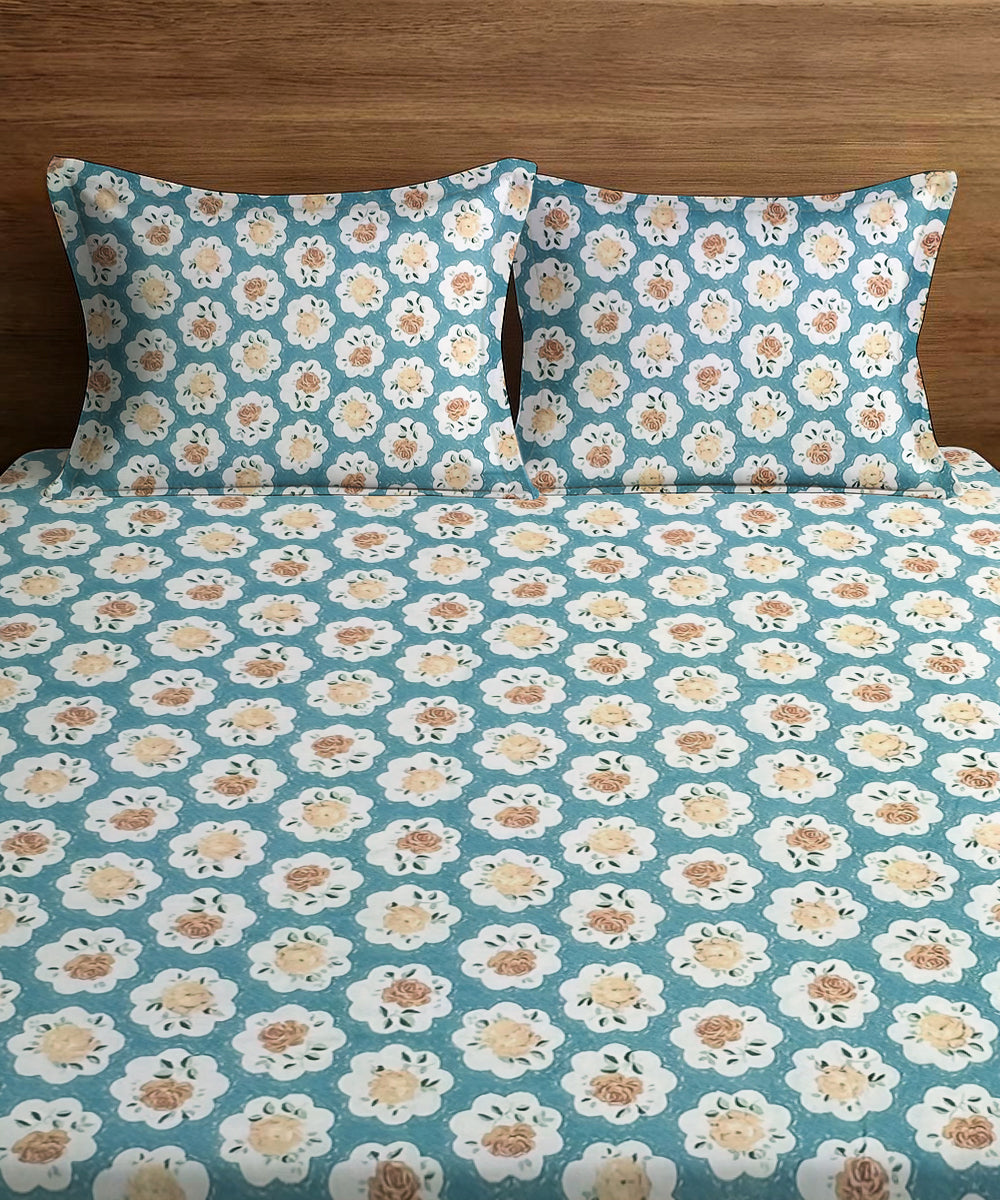 Teal Garden Queen Fitted Bedsheet With 2 Pillow Covers