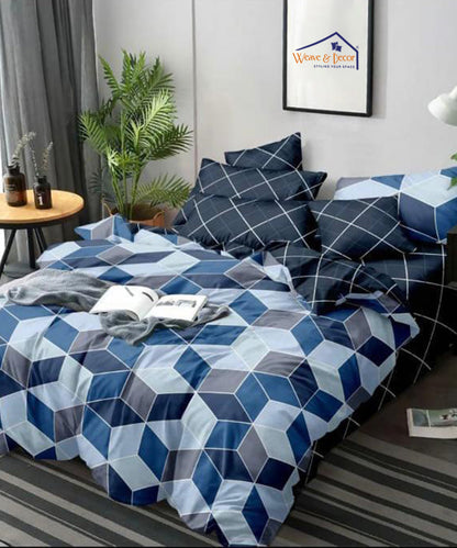 Modern Rhombus Blue Double Bedsheet with 2 Pillow Covers