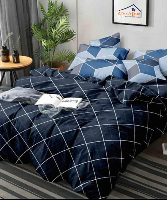 Navyblue Rhombus Super King Fitted Bedsheet With 2 Pillow Covers
