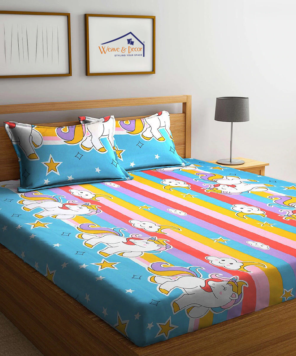 Unicorn Print King Fitted Bedsheet With 2 Pillow Covers