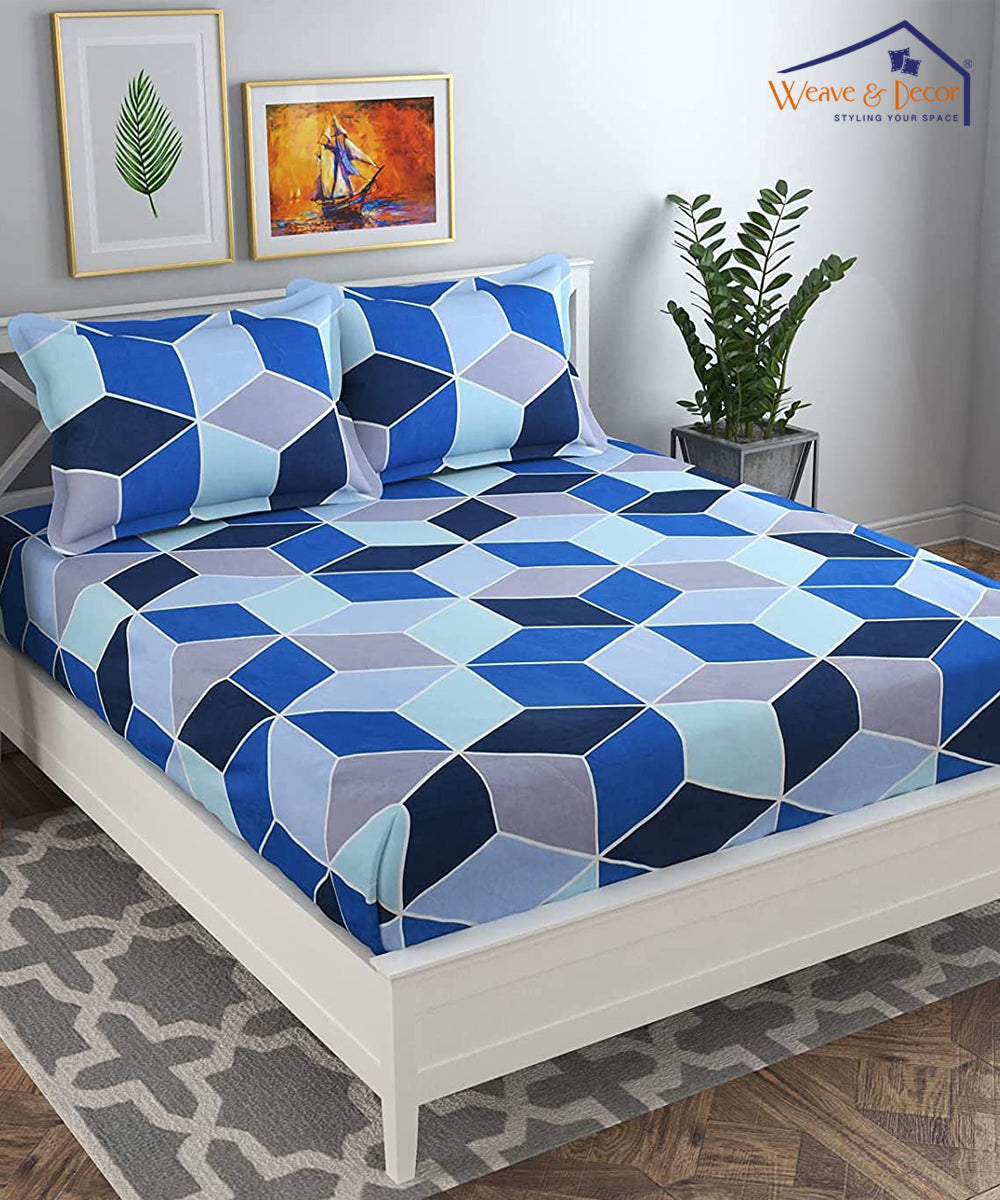 Blue Geometric King Fitted Bedsheet With 2 Pillow Covers