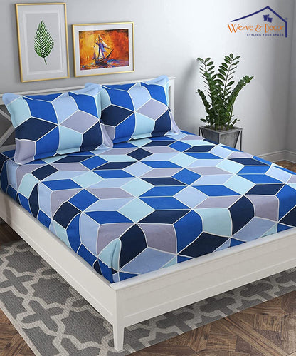 Blue Geometric King Fitted Bedsheet With 2 Pillow Covers