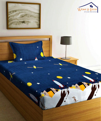 Space Printed Kids Single Bedsheet with 1 Pillow Cover