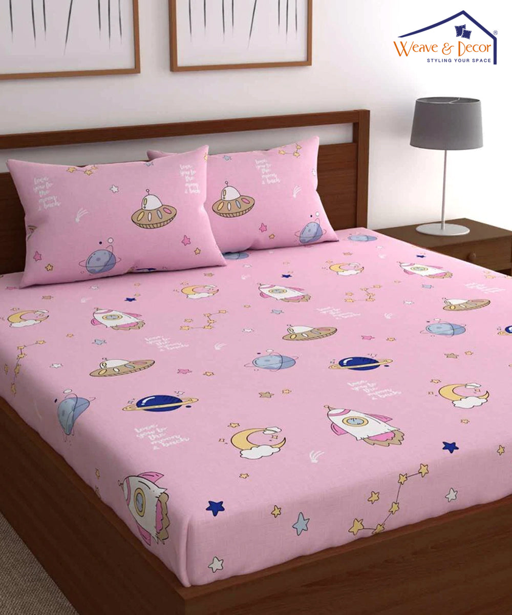 Pink Kids King Fitted Bedsheet With 2 Pillow Covers
