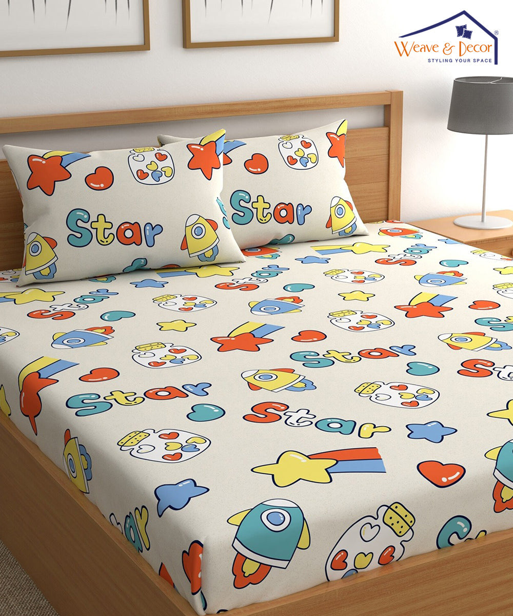 Star Kids Flat Double Bedsheet With 2 Pillow Cover