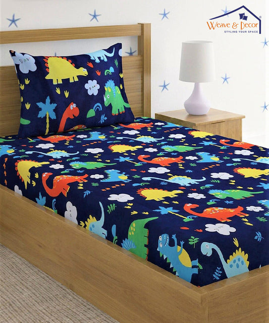 Blue Dinosaur Kids Single Bedsheet with 1 Pillow Cover