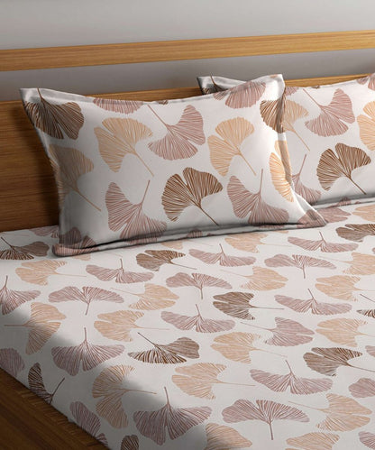 Off White Leaves King Size Bedsheet With 2 Pillow Cover