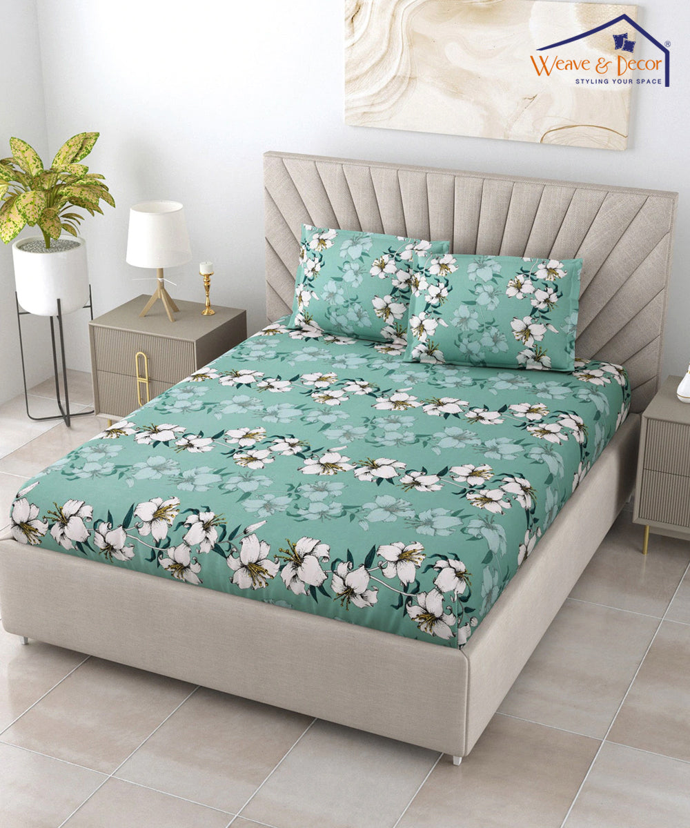 Green Floral King Fitted Bedsheet With 2 Pillow Covers