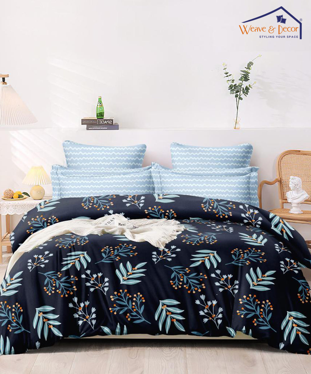 Blue Floral Queen Fitted Bedsheet With 2 Pillow Covers