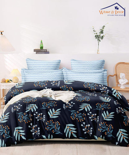 Blue Floral Queen Fitted Bedsheet With 2 Pillow Covers