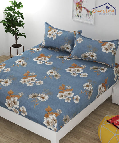 Blueish Grey Floral King Fitted Bedsheet With 2 Pillow Covers