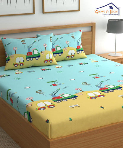 Car Kids Super King Fiited Bedsheet With 2 Pillow Covers