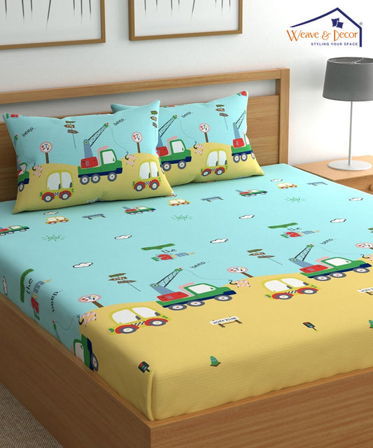 Car Kids Super King Fiited Bedsheet With 2 Pillow Covers