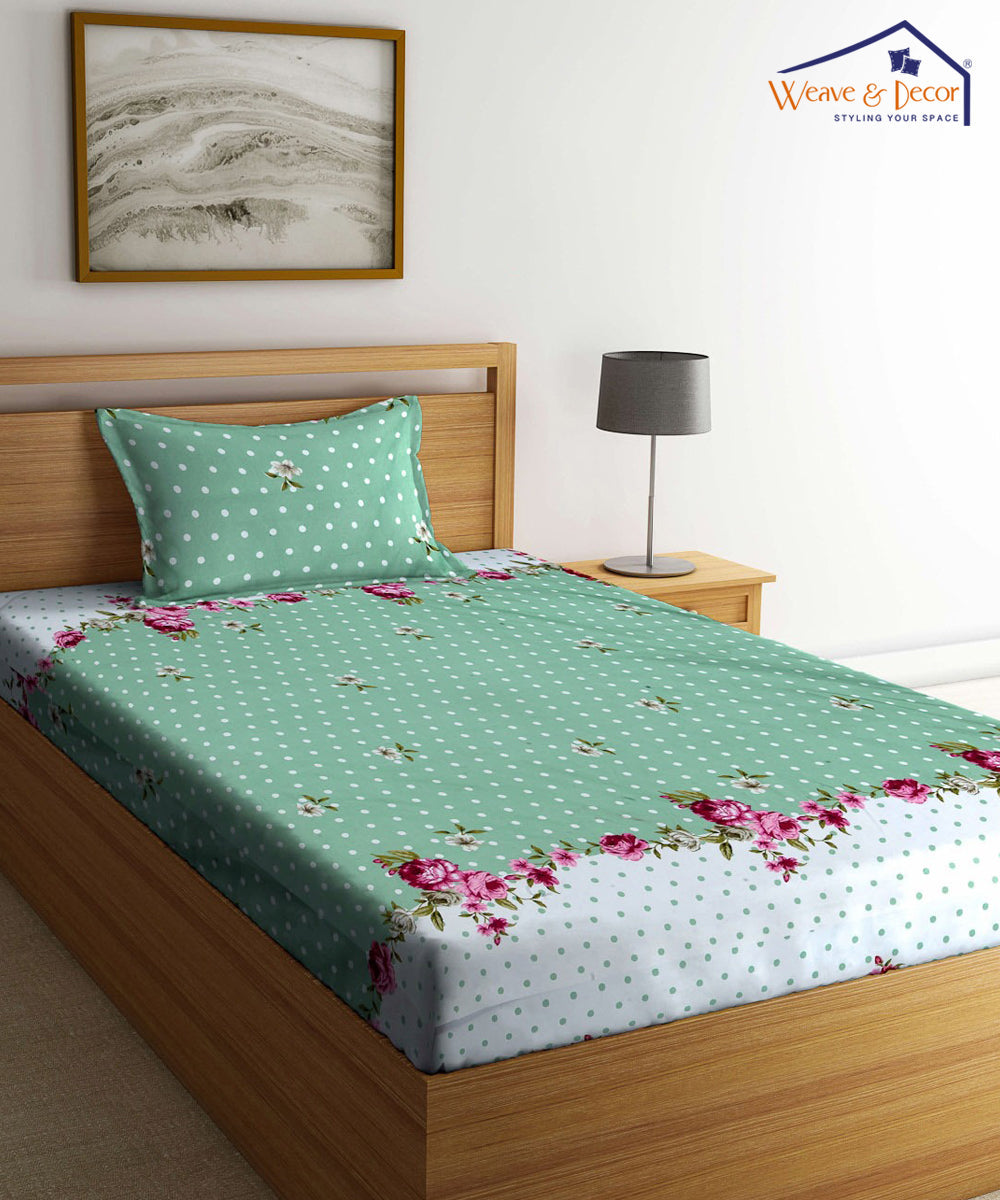 Green & White Single Fitted Bedsheet With 1 Pillow Cover