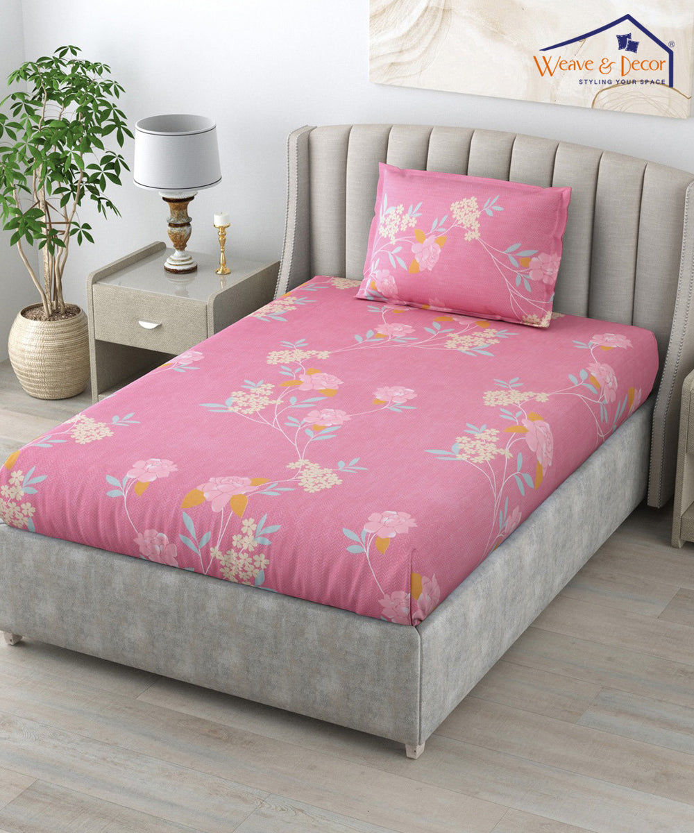 Pink Floral Single Fitted Bedsheet With 1 Pillow Cover