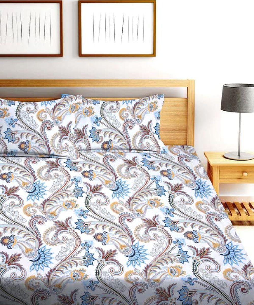 Cream Blossom King Size Bedsheet With 2 Pillow Cover