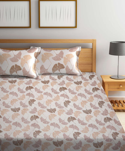 Off White Leaves King Size Bedsheet With 2 Pillow Cover