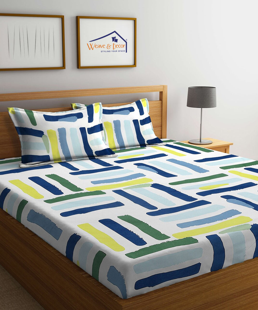 Multi Color King Fitted Bedsheet With 2 Pillow Covers