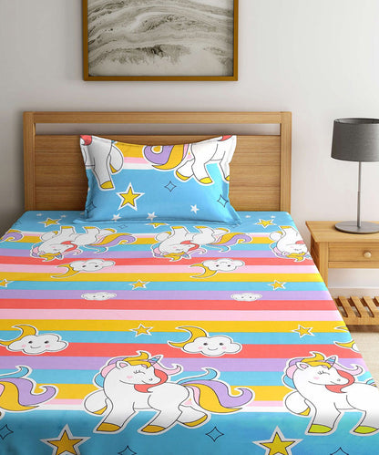 Unicorn Print Single Fitted Bedsheet With 1 Pillow Cover