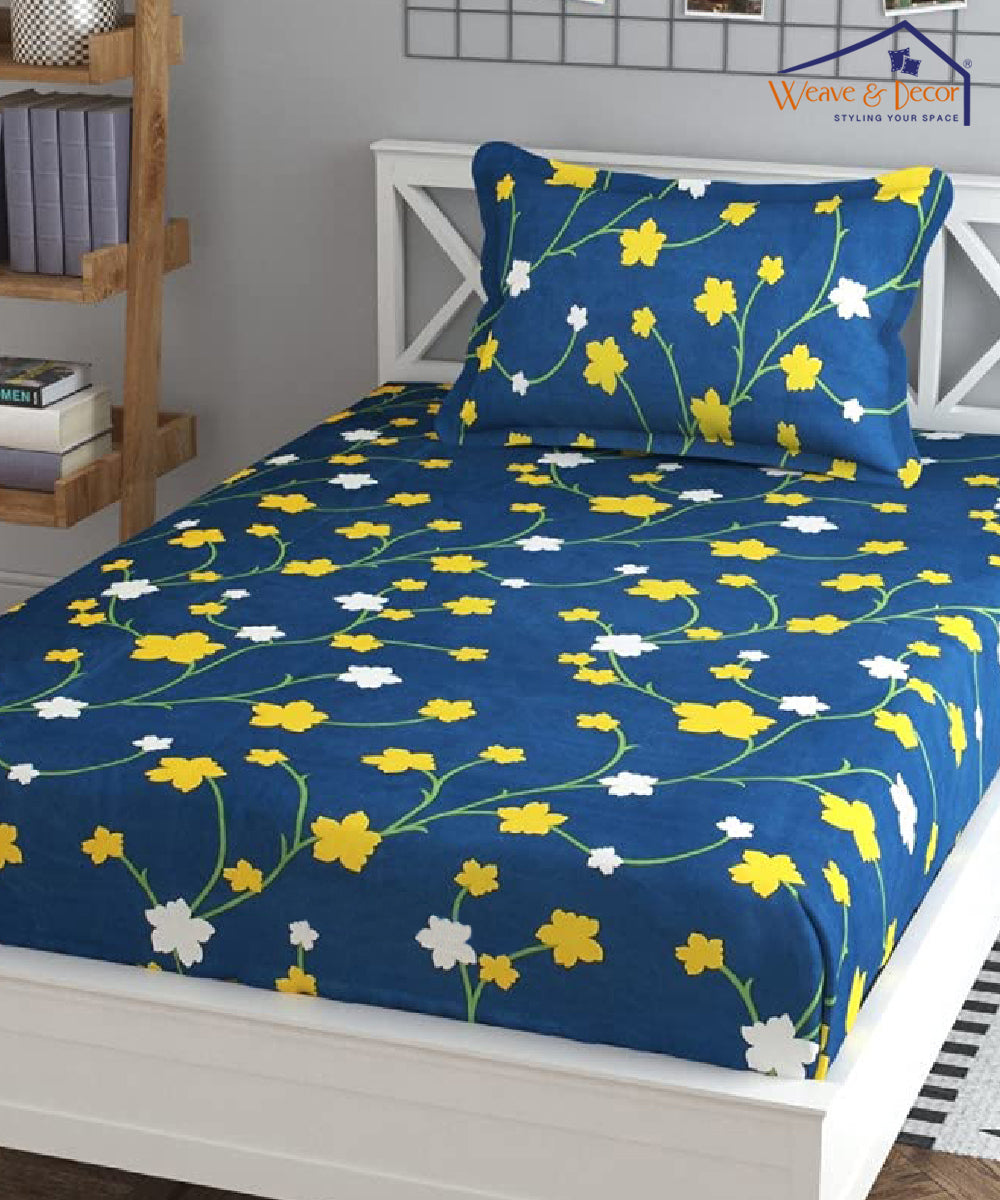 Blue Floral Single Bedsheet With 1 Pillow Cover