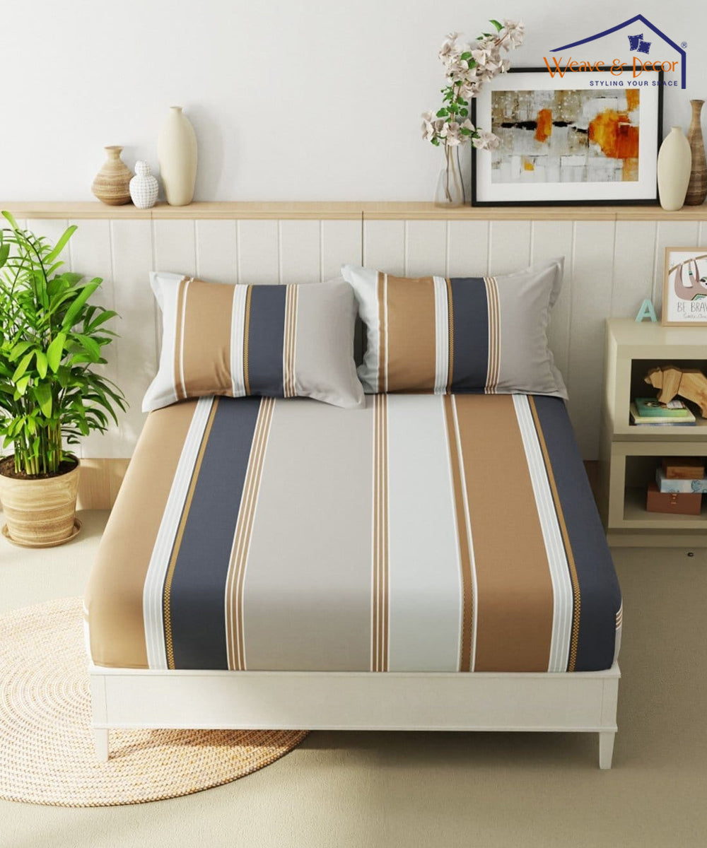 Multicolour Lines Queen Fitted Bedsheet With 2 Pillow Covers