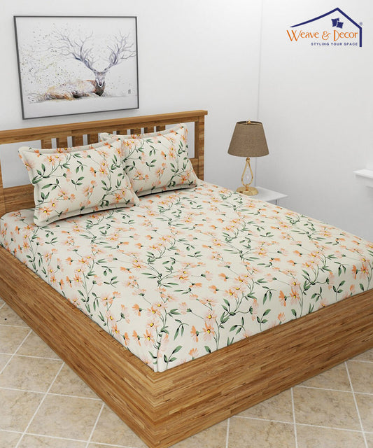 Off-White Floral King Fitted Bedsheet With 2 Pillow Covers