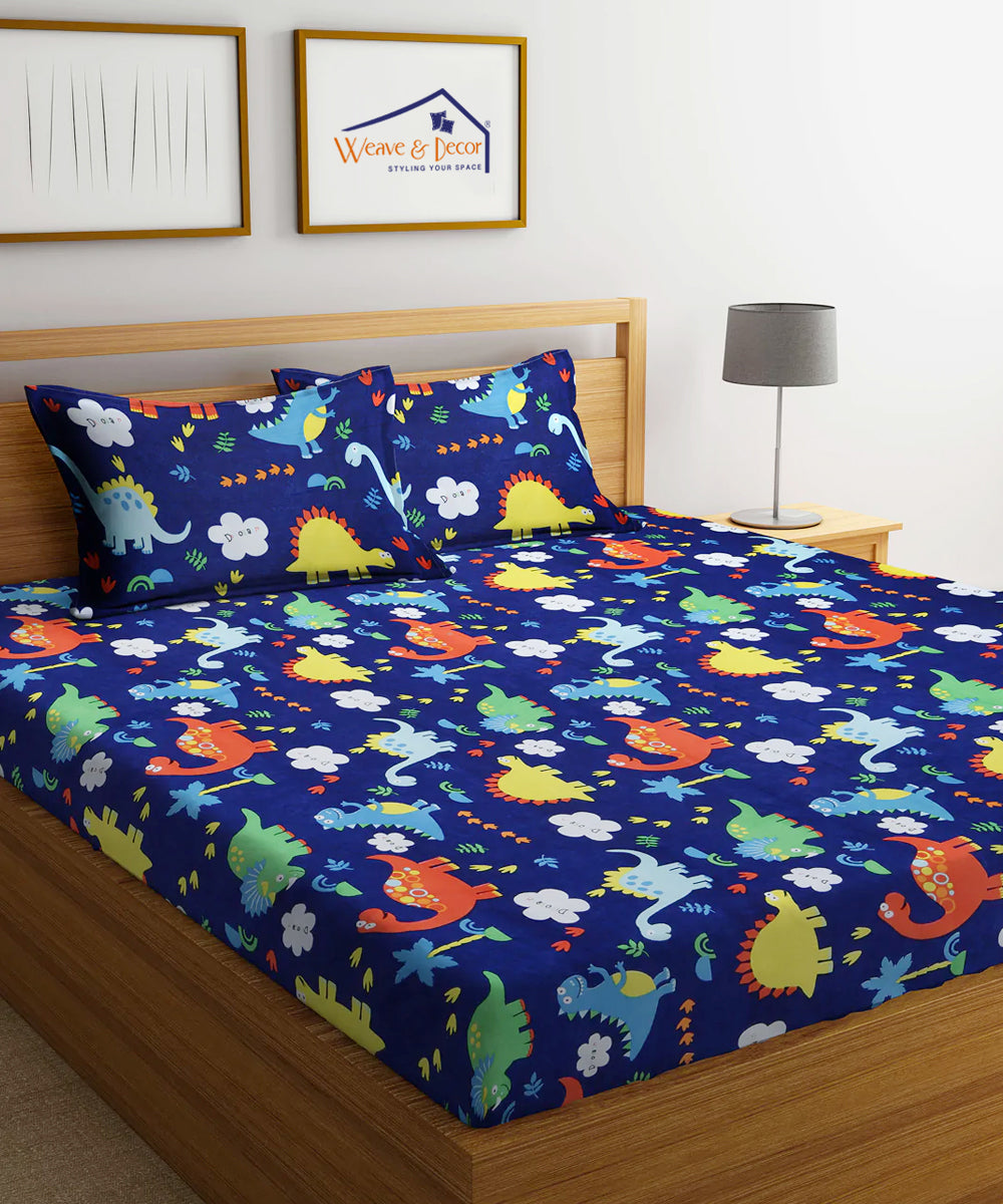 Blue Dinasaur Kids Double Bedsheet with 2 Pillow Covers
