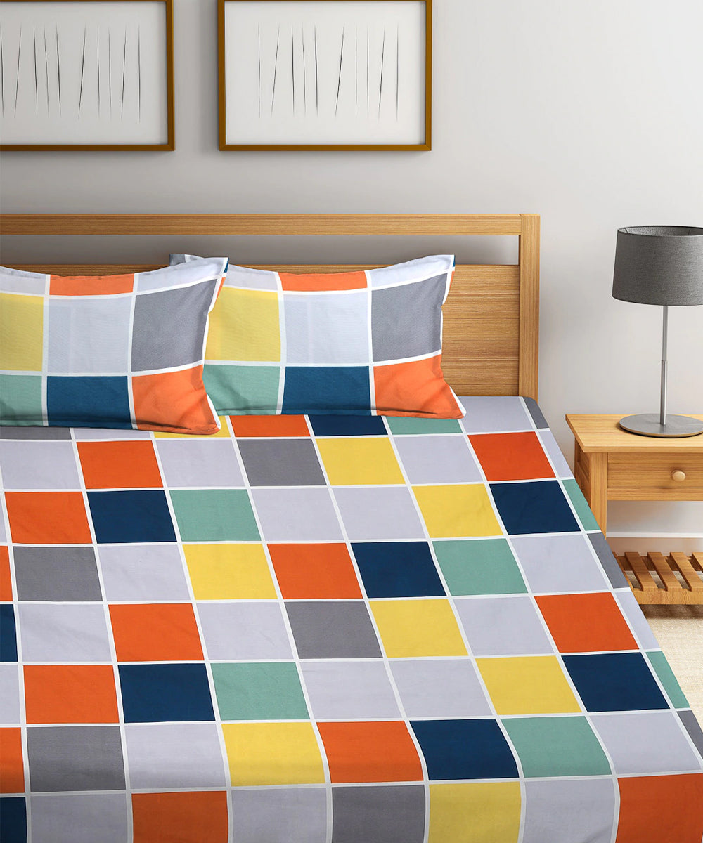 Blue Checks King Size Bedsheet With 2 Pillow Cover