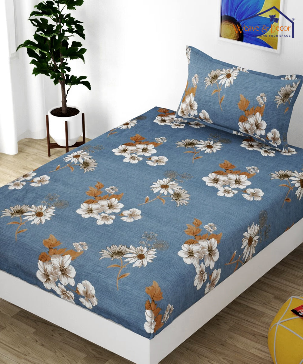 Blueish Grey Floral Single Fitted Bedsheet With 1 Pillow Cover