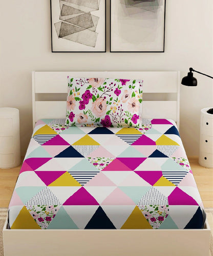 Multicolor Single Fitted Bedsheet With 1 Pillow Cover
