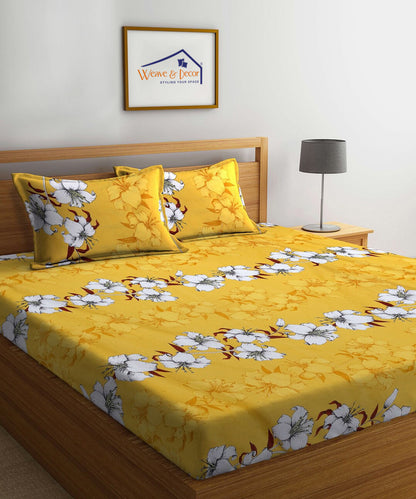 Mustard Floral King Size Bedsheet with 2 Pillow Covers