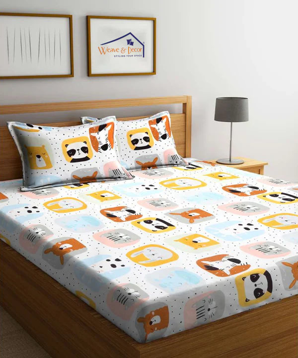 Cuddly Critters Kids Super King Fitted Bedsheet With 2 Pillow Covers