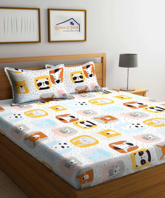 Cuddly Critters Kids Super King Fitted Bedsheet With 2 Pillow Covers
