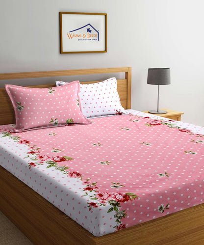 Pink & White Floral Queen Fitted Bedsheet With 2 Pillow Covers