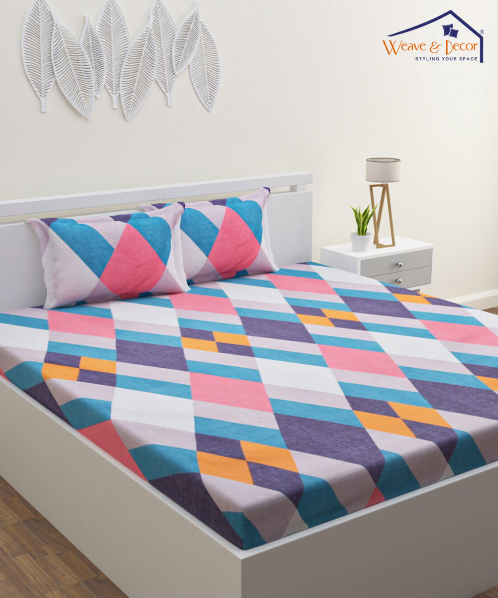 Multicoloured Squares Bedsheet with 2 Pillow Covers