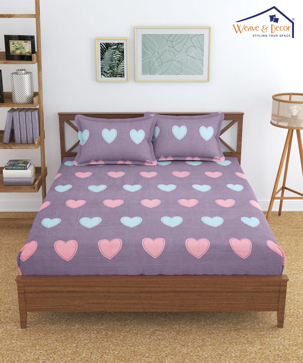 Purple Hearts Single Fitted Bedsheet With 1 Pillow Cover