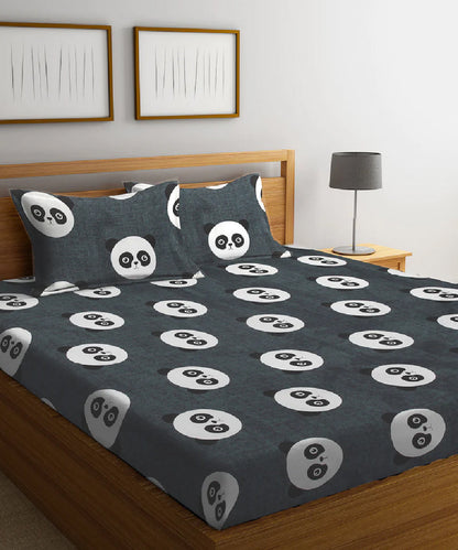 Grey Pandas Double Bedsheet With 2 Pillow Cover