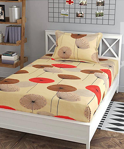 Beige Bloom Single Fitted Bedsheet With 1 Pillow Cover
