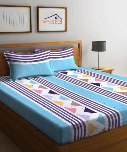 Blue Geometric King Fitted Bedsheet With 2 Pillow Covers