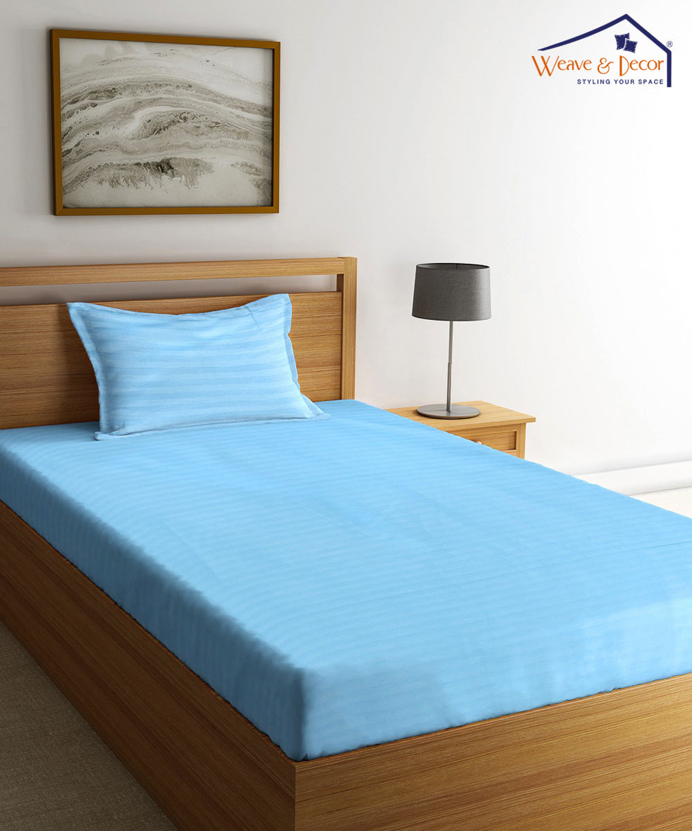 Sky Satin Stripe Single Bedsheet With 1 Pillow Cover