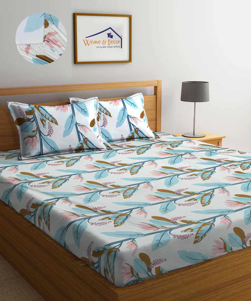 Green and Beige Floral King Fitted Bedsheet With 2 Pillow Covers