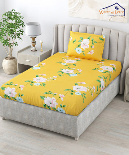 Yellow Floral Single Fitted Bedsheet With 1 Pillow Cover