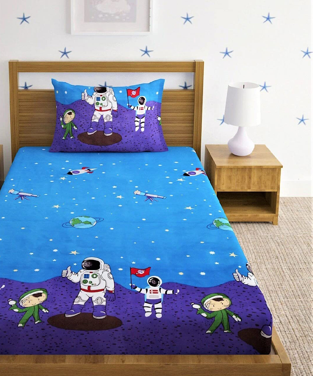 Space Kids Single Bedsheet with 1 Pillow Cover