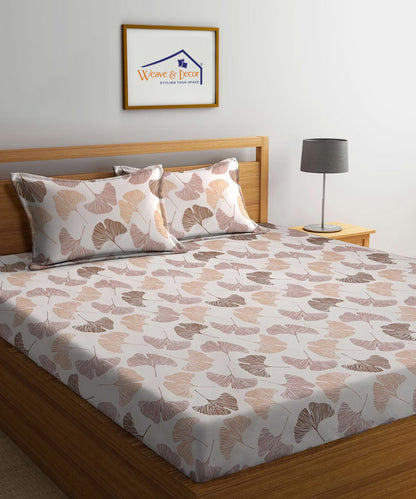 Off White Leaves King Size Bedsheet With 2 Pillow Cover