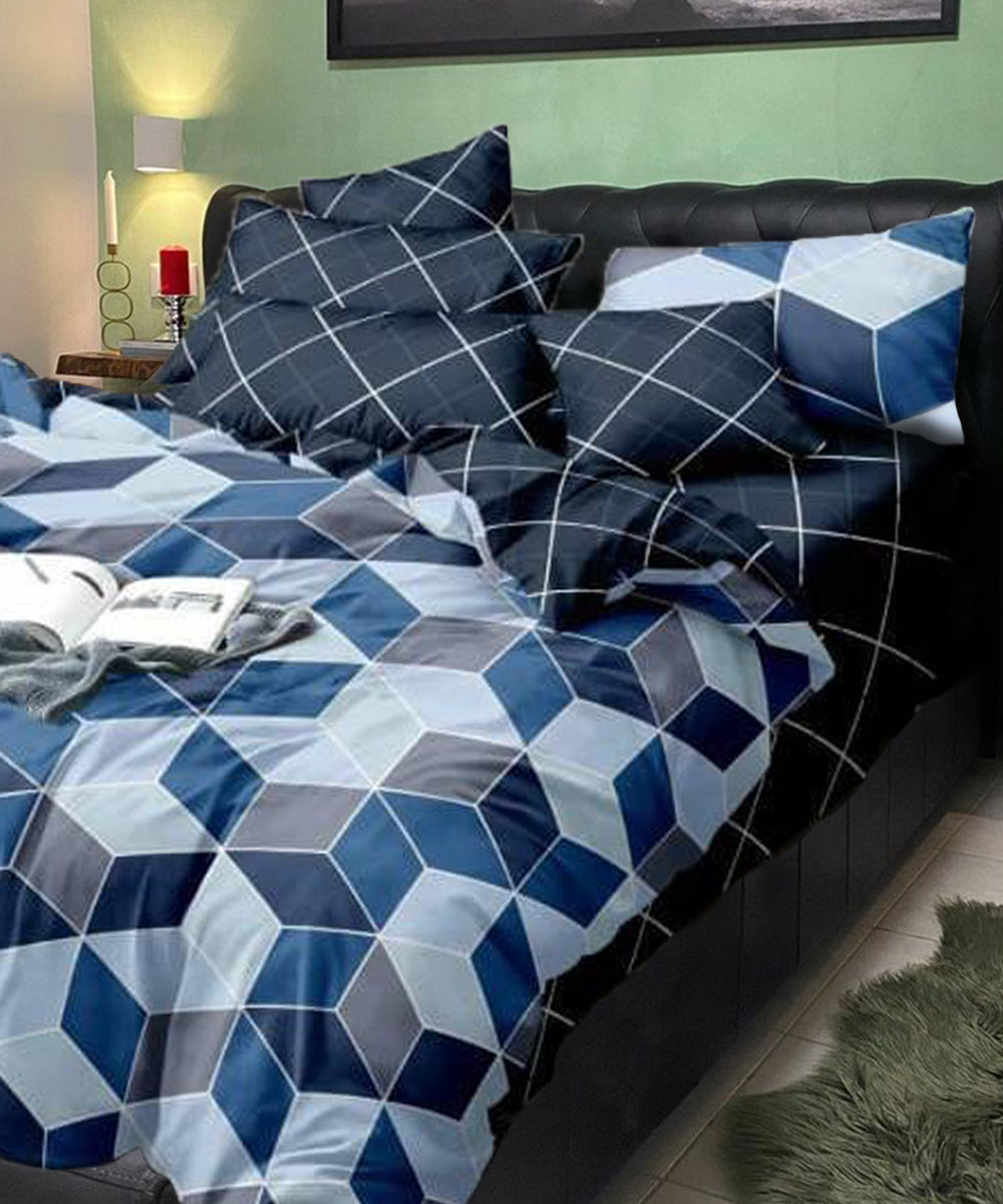 Modern Rhombus Blue Double Bedsheet with 2 Pillow Covers