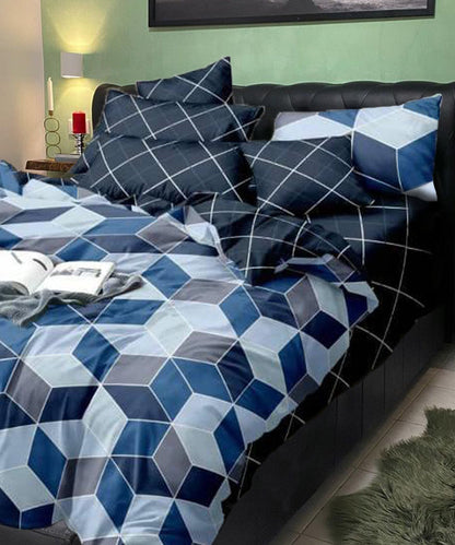 Modern Rhombus Blue Double Bedsheet with 2 Pillow Covers