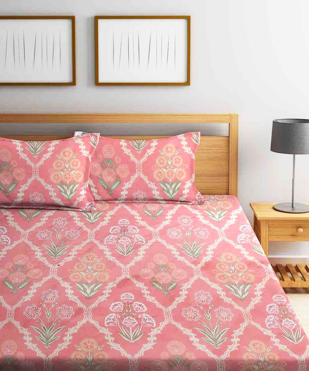Pink Floral King Size Bedsheet With 2 Pillow Covers