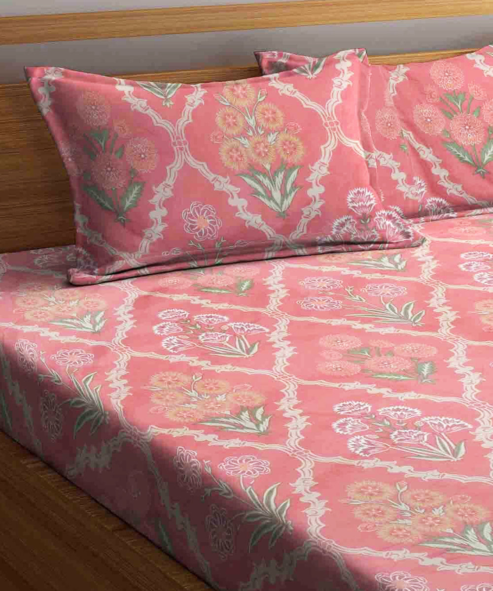 Pink Floral King Size Bedsheet With 2 Pillow Covers